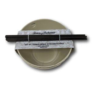 Tommy Bahama Melamine Set of 2 Ramen Bowls with Chopsticks Crackle White Rustic